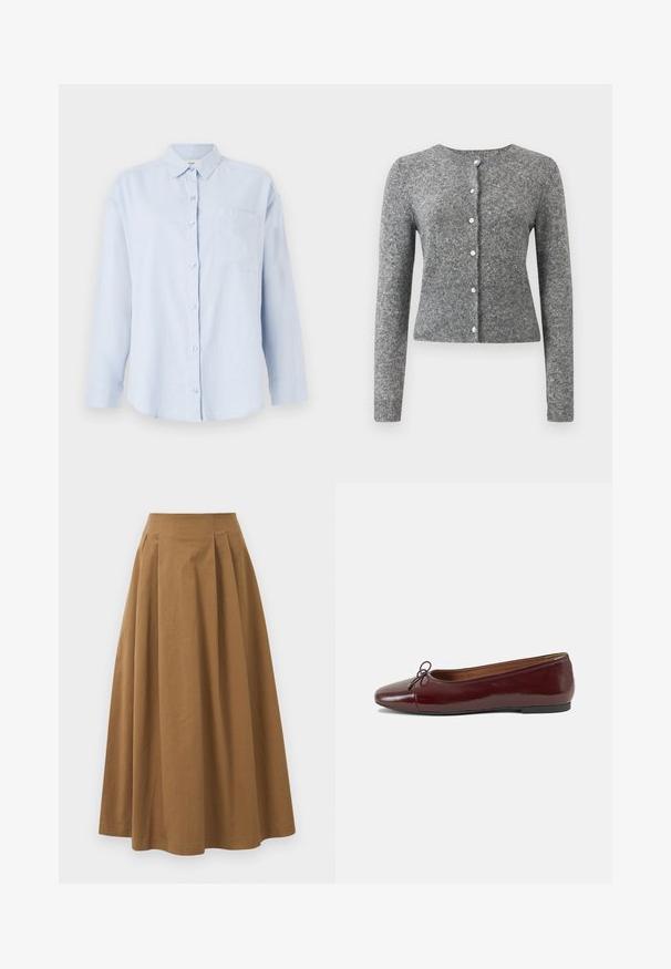 Pelēks adīts džemperis ar garām piedurknēm, apaļu apkakli un sešiem pogu caurumiem. Satur ribotu apakšmalu un tekstūru visā audumā.; Gaiši zils garām piedurknēm krekls, izgatavots no linu maisījuma, ar pogājamu priekšpusi, apkakli un vienu krūšu kabatu.; Brūna kokvilnas A formas svārki ar augstu jostasvietu, kurai priekšā ir krokas un gluda tekstūra. Apakšmala ir tīra un vienkārša.; Burgundijas laku ādas baleta kurpes ar noapaļotu purngalu, nelielu loku akcentu priekšā un zemu melnu gumijas zoli. Gluda tekstūra.