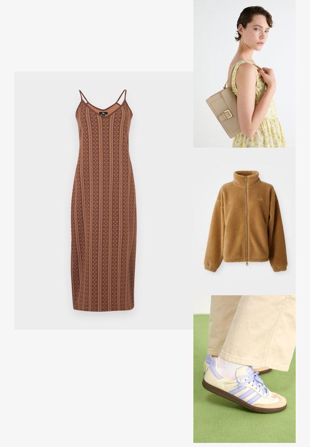 Chaqueta de forro polar de cremallera completa en marrón claro con cuello alto y mangas largas, que presenta un pequeño logo bordado en el lado izquierdo del pecho.; Vestido midi marrón con estampado, tirantes finos, escote en V y rayas verticales; tela texturizada con motivos florales y detalles contrastantes.; Zapatillas de crema y lavanda con tres rayas y una suela marrón texturizada, que cuentan con cordones y un talón acolchado. Parte superior de tela suave.; Bolso de mano de cuero beige con un diseño estructurado, acento de hebilla dorada y correa ajustable, presentado sobre un fondo claro.