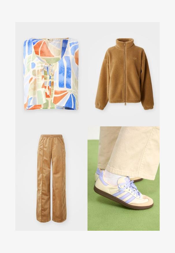 Giacca in pile full-zip marrone chiaro con colletto alto e maniche lunghe, caratterizzata da un piccolo logo ricamato sul lato sinistro del petto.; Blusa a maniche corte in tessuto leggero con un motivo astratto colorato. I colori includono blu, verde, arancione e crema, con un dettaglio a fiocco.; Pantaloni a gamba larga di colore beige, realizzati in un materiale morbido e vellutato. Presentano una vita elasticizzata e cuciture verticali sul davanti per un ulteriore dettaglio.; Sneakers crema e lavanda con tre strisce e suola marrone texturizzata, dotati di lacci e tallone imbottito. Parte superiore in tessuto morbido.