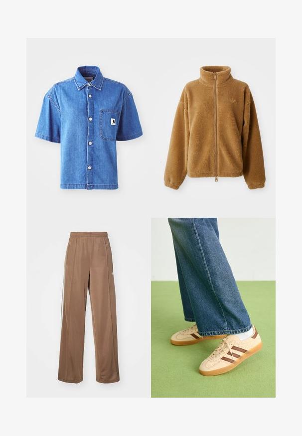 Casaco de fleece castanho-claro com fecho completo, gola alta e mangas longas, apresentando um pequeno logótipo bordado no lado esquerdo do peito.; Camisa de ganga de manga curta em azul claro, com um design de botões, bolso no peito e um emblema em destaque. Textura suave e corte casual.; Calças de treino castanhas feitas de tecido macio, com um cós elástico, bolsos laterais e detalhes brancos do logótipo no quadril esquerdo.; Tenis bege com painéis texturizados em creme e riscas castanhas, combinados com jeans de ganga azul. Os jeans têm um corte largo e uma bainha desfiada.