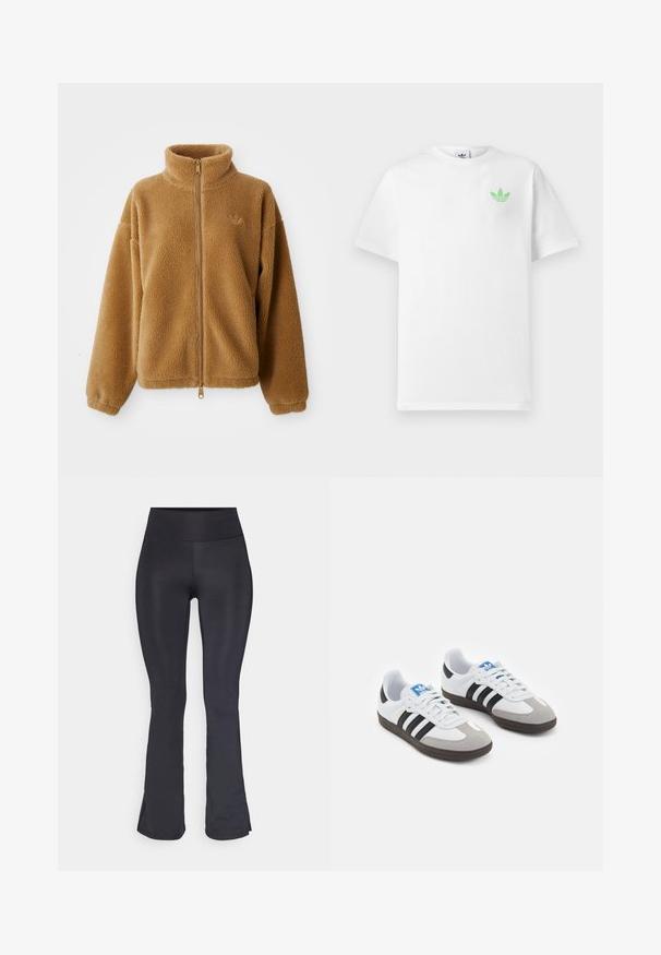 Világosbarna, teljes cipzáros polár dzseki magas gallérral és hosszú ujjakkal, bal mellen egy kis hímzett logóval.; Fehér pamut póló rövid ujjal, bal mellen kisléptékű zöld Adidas logóval. Egyszerű, klasszikus kialakítás, körkivágott nyakkal.; Fekete, bővülő leggings elasztikus anyagból, magas derékkal és sima, matt felülettel. Nincsenek látható minták vagy díszítések.; Fehér bőr felsőrészes sportcipő, szürke velúrból készült orral és három fekete csíkkal. Jellemzője a kék logó a nyelvén és egy texturált gumitalp.