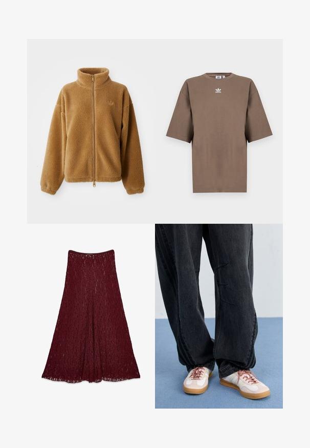 Chaqueta de forro polar de cremallera completa en marrón claro con cuello alto y mangas largas, que presenta un pequeño logo bordado en el lado izquierdo del pecho.; Camiseta de algodón marrón con mangas cortas, cuello redondo y logo blanco de Adidas centrado en el pecho, con un diseño liso y un ajuste relajado.; Larga falda de encaje burdeos con silueta en A y patrón floral semitransparente.; Pantalones de mezclilla negros y holgados con detalles de costura en la parte delantera, combinados con zapatillas blancas y rosa con suela de goma y cordones rosas.