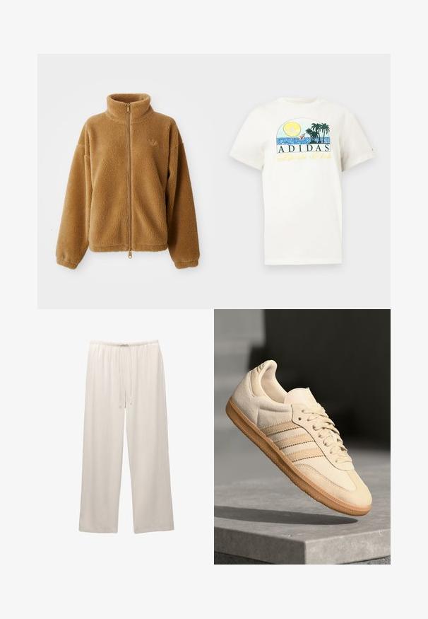 Svetlohnedá fleecová bunda na zips s vysokým golierom a dlhými rukávmi, s malým výšivkovým logom na ľavej hrudi.; Biela bavlnená tričko s grafikou znázorňujúcou slnko, palmy a vodu. Nápis "ADIDAS Sports Club" vytlačený v zelenej a žltej farbe.; Svetlé, široké nohavice vyrobené z mäkkej tkaniny s elastickým pásom a nastaviteľnou šnúrkou pre pohodlie.; Svetlo béžová semišová teniska s gumovou podrážkou, tromi diagonálnymi pruhmi a textúrovaným špičkovým krytom. Obsahuje logo na jazyku a boku.