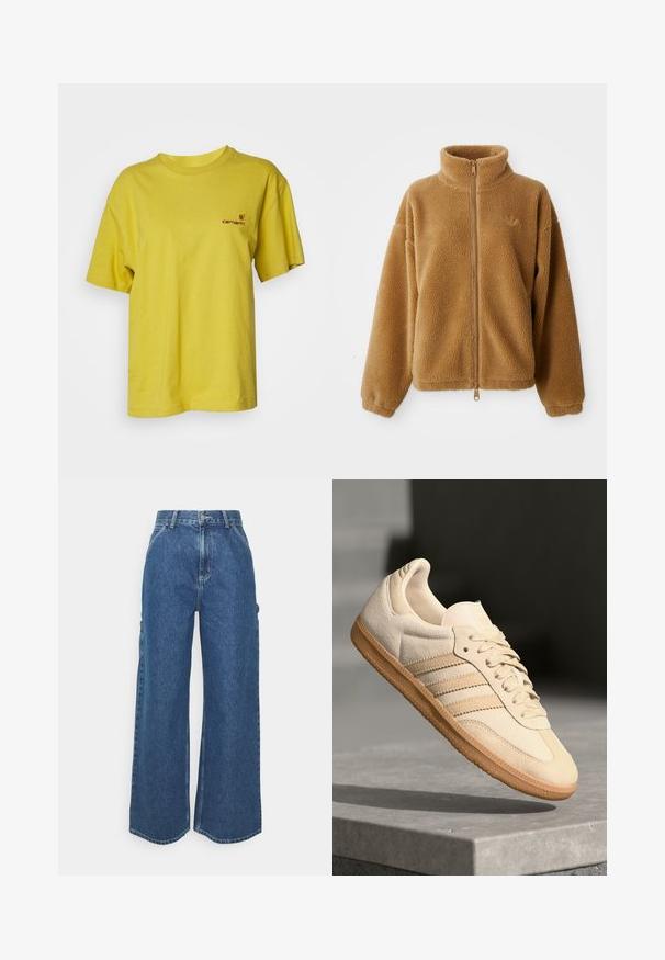 Light brown full-zip fleece jacket with high collar and long sleeves, featuring a small embroidered logo on the left chest.; Carhartt WIP AMERICAN SCRIPT - Basic T-shirt - golden olive; Wide-leg blue denim trousers with a high waist, contrasting stitching, and side pockets, featuring a classic five-pocket design and raw hems.; Light beige suede sneaker with gum outsole, three diagonal stripes, and a textured toe cap. Features logo on the tongue and side.
