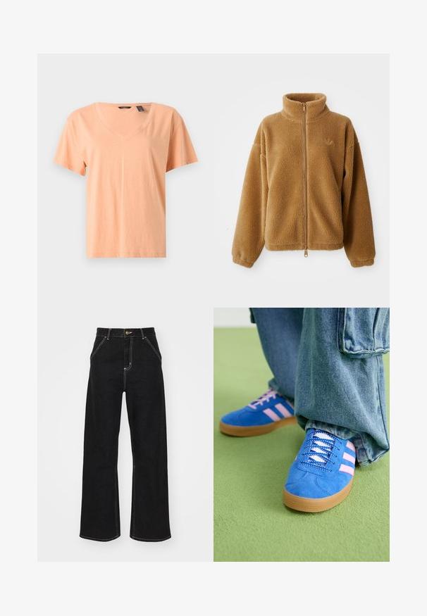Jachetă din fleece de culoare maro deschis, cu fermoar pe toată lungimea, guler înalt și mâneci lungi, având un logo mic brodat pe pieptul stâng.; Tricou cu mânecă scurtă și guler în V, de culoare piersică deschisă, fabricat dintr-un material din bumbac moale. Prezintă o croială lejeră și cusături subtile pe margine.; Jeans negri, cu pantaloni evazați, din denim, caracterizându-se prin cusături albe contrastante și închidere cu un nasture în față, având două buzunare frontale înclinate.; Pantofi din piele întoarsă albaștri cu dungi roz și șireturi albe, având o talpă din cauciuc gumat, asortați cu pantaloni din denim largi pe o suprafață verde.