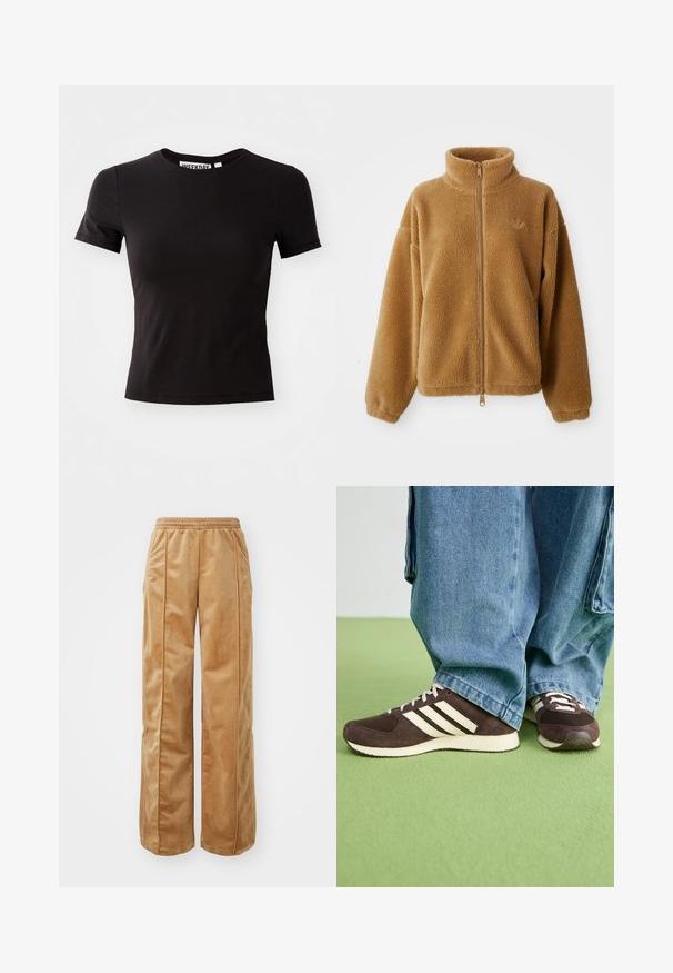 Lysebrun fleecejakke med fuld lynlås, høj krave og lange ærmer, der har et lille broderet logo på venstre bryst.; Sort t-shirt med korte ærmer, lavet af et glat stof, med en rund halsudskæring og en tætsiddende facon. Etiketten indeni siger "WEEKDAY."; Tan breddebenede bukser lavet af blødt, fløjlende materiale. Har en elastisk talje og lodrette sømme foran for ekstra detaljer.; Brune ruskind atletiksko med meshpaneler og hvide striber. Parret med løse blå denimjeans. Grøn tekstureret overflade nedenfor.