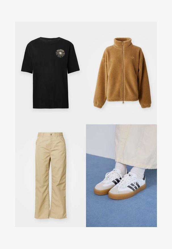 Lysebrun fleecejakke med fuld lynlås, høj krave og lange ærmer, der har et lille broderet logo på venstre bryst.; Sort kortærmet T-shirt lavet af blødt bomuld. Har et farverigt grafisk print på brystet med teksten "BULLDOGS". Klassisk rund halsudskæring.; Beige bomuldsbukser med brede ben og en glat tekstur, der har forlommer og en sølvknap i taljen.; Hvide sneakers med sorte striber og beige ruskindsdetaljer. Har en tekstureret gummisål og flade hvide snørebånd, båret med lyse sokker.