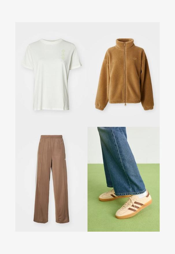Vaaleanruskea täyspitkä vetoketjullinen fleecetakki, jossa on korkea kaulus ja pitkät hihat. Takissa on pieni brodeerattu logo vasemmassa rinnassa.; Valkoinen puuvillainen t-paita, jossa on pyöreä pääntie, lyhyet hihat ja hillitty pastellivärinen kukkakuosi edessä. Pehmeä rakenne, rento malli.; Ruskeat urheiluhousut, jotka on valmistettu pehmeästä kankaasta. Housuissa on joustava vyötärönauha, sivutaskut ja valkoiset logoakkentit vasemmassa lonkassa.; Beige lenkkarit, joissa on tekstuuriset kerma-paneelit ja ruskeat raidat, yhdistettynä sinisiin farkkuihin. Farkut ovat leveät ja niissä on repaleinen helma.