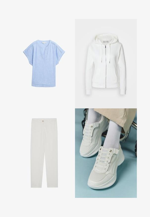 Bela zip-up kapuca z mehkim plemenom, kapuco s vrvico, dvema sprednjima žepoma in rebrastimi manšetami. Enostavna zasnova s čistimi linijami in brez vzorcev.; Svetlo modra kratkolasna srajca iz zračnega materiala, ki ima v-izrez in subtilen teksturiran vzorec po vsej površini.; Bela, krojena hlače z ravnimi nogami, ki vključujejo gumbasto zapiranje, zanke za pas in stranske žepe; gladka tekstura tkanine.; Bele teniske z mrežastim materialom, gumene podplate, brez vezalk, z elastikami in zlatimi akcenti.