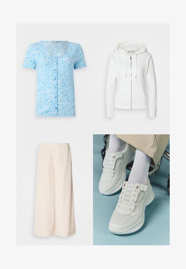 Witte zip-up hoodie met een zachte textuur, een capuchon met trekkoorden, twee voorzakken en ribgebreide manchetten. Eenvoudig ontwerp met strakke lijnen en zonder patronen.; Lichtblauw T-shirt met korte mouwen, een diepe V-hals en knopen aan de voorkant. Kenmerkt zich door een textuurstof met witte bloempatronen doorheen.; Crème wijde broek met een elastische tailleband, met een ontspannen pasvorm en een gladde textuur, geschikt voor casual gebruik.; Witte sneakers met een mesh materiaal, rubberen zool, vetersloze uitvoering met elastische banden en gouden accenten.