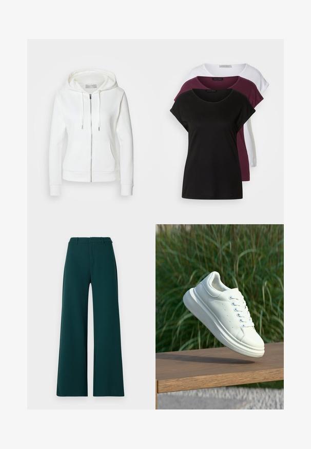 White zip-up hoodie with a soft texture, drawstring hood, two front pockets, and ribbed cuffs. Simple design with clean lines and no patterns.; Three t-shirts: one black, one maroon, one white. Each features a round neck, short sleeves, and a soft cotton texture. Labels visible.; Wide-leg trousers in dark green fabric. Features a high waist, front pleats, and belt loops. Smooth texture and tailored design.; White leather sneaker with round toe, smooth texture, and contrasting laces. Features ventilation holes and a thick rubber sole for comfort.