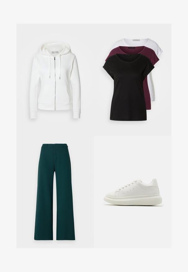 Valge tõmblukuga kapuutsiga sviiter, millel on pehme tekstuur, reguleeritav kapuuts, kaks esimest taskut ja soonikkoes varrukad. Lihtne disain puhta joontega ja ilma mustriteta.; Kolm t-särki: üks must, üks tumepunane ja üks valge. Igal särgil on ümar kaelus, lühikesed varrukad ja pehme puuvilla tekstuur. Etiketid on nähtavad.; Laiad jalgpüksid tumerohelisest kangast. Omavad kõrget vööd, eesplekke ja vöörihmade jaoks silmi. Sile tekstuur ja kohandatud disain.; Valge nahast sneaker ümmarguse varbaga, kortsu kummist tallaga, kuue silmaaugu lace-up disainiga ning külgperforatsioonide detailidega ventilatsiooni jaoks.