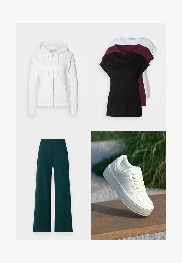 Felpa con zip bianca, con una texture morbida, cappuccio regolabile con cordino, due tasche frontali e polsini a costine. Design semplice con linee pulite e senza fantasie.; Tre t-shirt: una nera, una bordeaux, una bianca. Ognuna presenta un collo rotondo, maniche corte e una morbida texture in cotone. Etichette visibili.; Pantaloni a gamba larga in tessuto verde scuro. Presentano una vita alta, pieghe frontali e passanti per la cintura. Texture liscia e design sartoriale.; Sneaker bianco in pelle con suola piatta, punta arrotondata e accenti perforati. Presenta un laccio frontale e un design minimalista su una superficie di legno.
