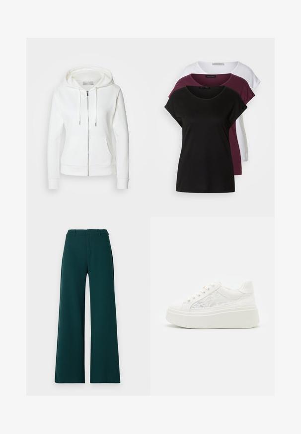 Fehér zipzáras kapucnis pulóver, puha textúrával, húzózsinórral ellátott kapucnival, két elülső zsebbel és bordás mandzsettával. Egyszerű dizájn, tiszta vonalakkal és minta nélkül.; Három póló: egy fekete, egy bordó, egy fehér. Mindegyiken kerek nyak, rövid ujjú és puha pamut anyag található. Címkék láthatók.; Zöld, széles lábú nadrág sötét színű anyagból. Magas derekú, elöl pliszékkel és övhurkokkal rendelkezik. Sima textúrájú és formázott dizájnú.; Fehér sportcipő fűződíszítéssel, gumitalpú platformmal, kerek orral és hat szemlyukkal a fűzők számára. Simaságot adó anyag, virágmintás díszítésekkel.