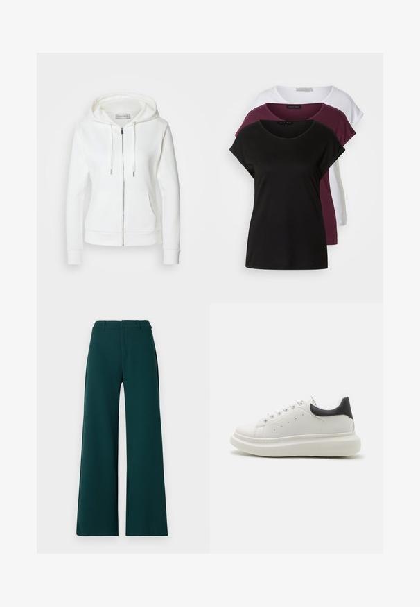 Witte zip-up hoodie met een zachte textuur, een capuchon met trekkoorden, twee voorzakken en ribgebreide manchetten. Eenvoudig ontwerp met strakke lijnen en zonder patronen.; Drie T-shirts: één zwart, één bordeauxrood, één wit. Elk heeft een ronde hals, korte mouwen en een zachte katoenen textuur. Labels zichtbaar.; Brede broekspijpen in een donkergroene stof. Heeft een hoge taille, voorplooien en riemlussen. Soepele textuur en op maat gemaakt ontwerp.; Witte sneaker met een gestructureerde leren bovenkant, ronde neus, contrasterende zwarte hieltab en een dikke, gevoerde zool. Beschikt over vijf oogjes.