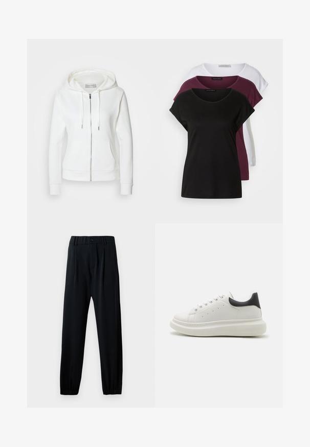 Witte zip-up hoodie met een zachte textuur, een capuchon met trekkoorden, twee voorzakken en ribgebreide manchetten. Eenvoudig ontwerp met strakke lijnen en zonder patronen.; Drie T-shirts: één zwart, één bordeauxrood, één wit. Elk heeft een ronde hals, korte mouwen en een zachte katoenen textuur. Labels zichtbaar.; Zwarte, elastische taillebandbroeken met een knoopsluiting, recht model en gathered boorden. Gemaakt van een gladde, lichte stof.; Witte sneaker met een gestructureerde leren bovenkant, ronde neus, contrasterende zwarte hieltab en een dikke, gevoerde zool. Beschikt over vijf oogjes.