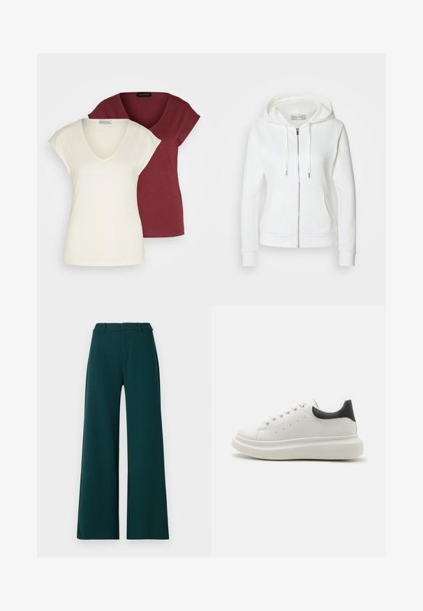 Balta kapuce ar rāvējslēdzēju, mīksta faktūra, ar aukliņu regulējamu kapuci, divām priekšējām kabatām un ribotām aprocēm. Vienkāršs dizains ar tīrām līnijām un bez rakstiem.; Divas v-veida T-krekli: viens krēmkrāsā ar īsām piedurknēm, otrs bordo. Abiem ir mīksta kokvilnas auduma un brīva piegriezuma īpatnības.; Platas kājas bikses tumši zaļā audumā. Iespējas ar augstu vidukli, priekšējām krokām un jostas cilpiņām. Gluda tekstūra un pielāgota dizaina.; Baltas sporta apavu modelis ar teksturētu ādas virsu, apaļu purngalu, kontrastējošu melnu papēža cilpu un biezu, mīkstinātu zoli. Satur piecus acu caurumus.