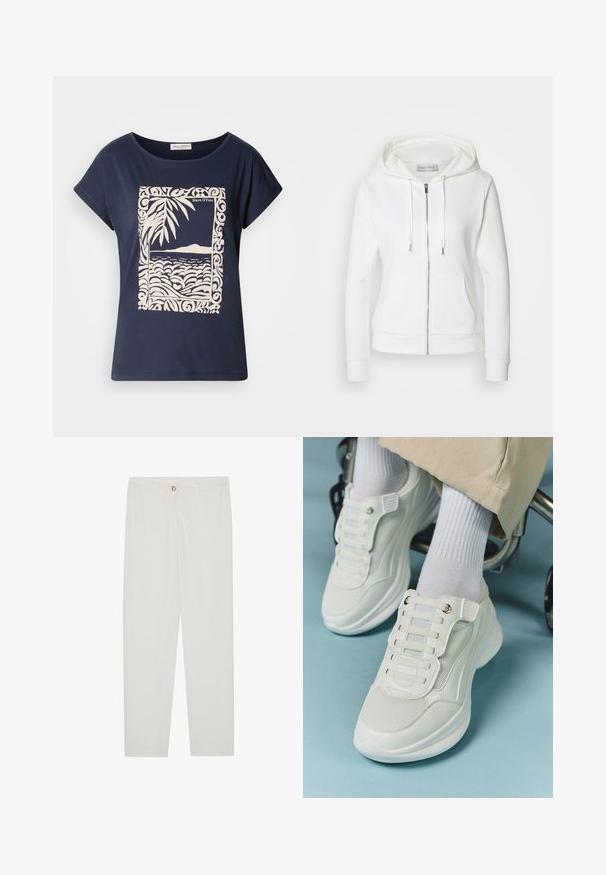 Corta-vento branco com fecho zip, textura suave, capuz com cordão, duas bolsos frontais e punhos canelados. Design simples com linhas limpas e sem padrões.; T-shirt de algodão azul-marinho com um gráfico em tom creme de ondas e folhas de palmeira dentro de uma borda decorativa. Textura suave, mangas curtas.; Calças brancas, ajustadas, com um design de perna reta, apresentando um fecho de botão, passantes para cinto e bolsos laterais; textura de tecido suave.; Tênis brancos com material em rede, sola de borracha, design sem atacadores com faixas elásticas e detalhes em tom dourado.