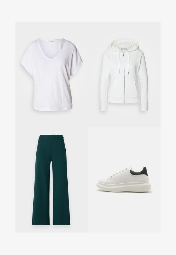 Sudadera blanca con cremallera y textura suave, capucha ajustable con cordones, dos bolsillos frontales y puños acanalados. Diseño sencillo con líneas limpias y sin patrones.; Camiseta blanca de cuello en V hecha de una tela texturizada, con mangas cortas y un corte relajado con un dobladillo ligeramente curvado.; Pantalones de pierna amplia en tela de color verde oscuro. Presentan una cintura alta, pliegues frontales y trabillas para el cinturón. Textura suave y diseño a medida.; Zapatilla blanca con parte superior de cuero texturizado, punta redonda, tab de talón negro contrastante y suela gruesa y acolchada. Presenta cinco ojales.