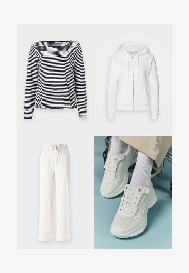Weißer Reißverschluss-Hoodie mit weicher Textur, Kapuze mit Kordelzug, zwei vorderen Taschen und gerippten Bündchen. Einfaches Design mit klaren Linien und ohne Muster.; Langärmliges Oberteil in Marineblau und weißen Streifen, mit rundem Ausschnitt und lockerer Passform. Hergestellt aus einem leichten, strukturierten Stoff.; Weiße weite Hosen aus weichem Stoff, mit einem Kordelzugbund und glatter Textur. Keine Muster oder Verzierungen sichtbar.; Weiße Sneaker aus Mesh-Material, mit Gummisohle, schnürfreiem Design mit elastischen Bändern und goldfarbenen Akzenten.