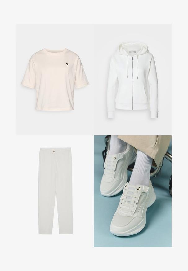 White zip-up hoodie with a soft texture, drawstring hood, two front pockets, and ribbed cuffs. Simple design with clean lines and no patterns.; Light beige cropped t-shirt made of cotton. Features short sleeves and a small triangular logo on the left chest. Simple design, relaxed fit.; White, tailored trousers with a straight leg design, featuring a button closure, belt loops, and side pockets; smooth fabric texture.; White sneakers featuring a mesh material, rubber sole, lace-free design with elastic bands, and gold-toned accents.