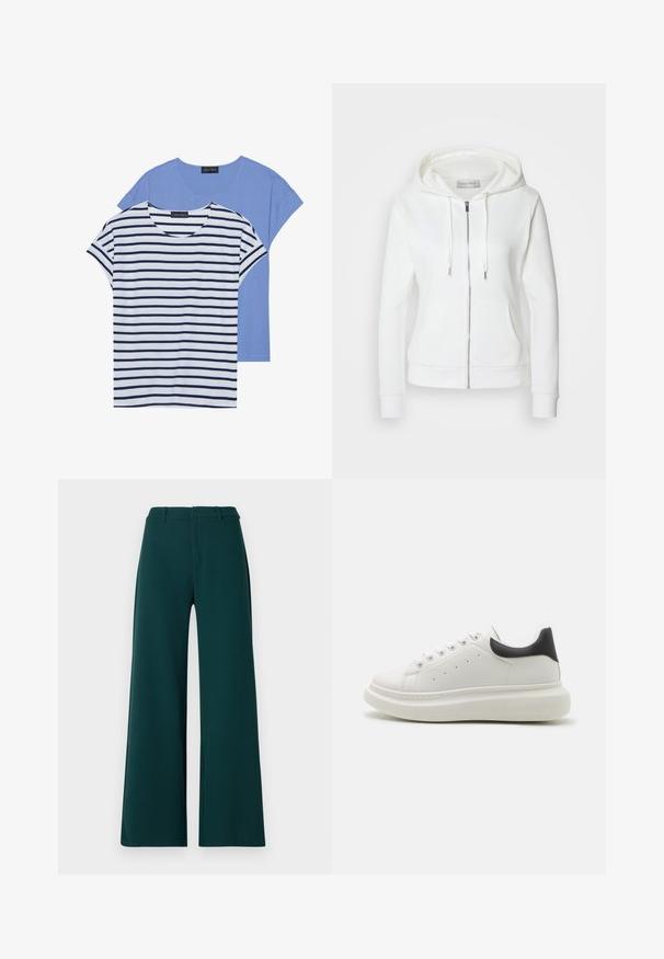 Valkoinen vetoketjullinen huppari, jossa on pehmeä tekstuuri, kiristysnaruhuppu, kaksi etutaskua ja ribbiresorit. Yksinkertainen muotoilu puhtain linjoin ilman kuvioita.; Kaksi t-paitaa: yksi yhtenäinen vaaleansininen ja yksi valkoinen, jossa on tummansinisiä vaakaraitoja. Molemmissa on lyhyet hihat ja pyöreä pääntie.; Valkoiset housut tummanvihreästä kankaasta. Ominaisuuksiin kuuluu korkea vyötärö, etupleikkeet ja vyölenkit. Sujuva rakenne ja muotoiltu malli.; Valkoiset tennarit, joissa on teksturoitu nahkapinta, pyöreä kärki, erottuva musta kantapää ja paksu, pehmustettu pohja. Sisältää viisi nauhakuorta.