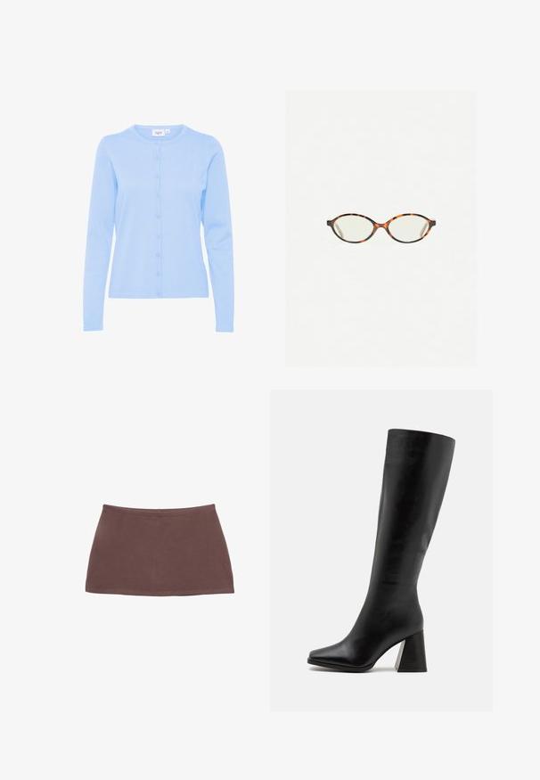 Lyseblå langærmet cardigan lavet af et blødt strikket stof, med rund halsudskæring og en knappet front med matchende knapper.; Lysegul, ærmeløs top i ribbet stof. Har en rund halsudskæring og lige skæring, uden synlige mønstre eller dekorationer.; Brun bomulds mini-nederdel med en lige skæring, glat tekstur og elastisk talje. Har et enkelt design uden mønstre eller hardware.; Sort knæhøje støvler lavet af glat læder, med firkantet tå og en kraftig, tekstureret hæl. Simpelt og strømlinet design.; Skildpaddebriller med ovale linser og en elegant, glat finish. Har tynde sider med en subtil kurve ved tindingerne. Klare linser.; Pieces PCALUANA SHOULDER BAG - Håndtasker - black
