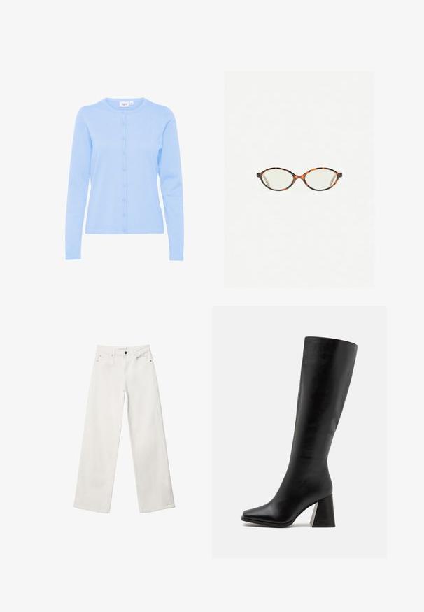 Jasnoniebieski sweter z długim rękawem wykonany z miękkiej dzianiny, z okrągłym dekoltem i zapinany na guziki z dopasowanymi guzikami.; Jasnożółty, bezrękawnikowy top wykonany z prążkowanej tkaniny. Ma okrągły dekolt i prosty krój, bez widocznych wzorów czy zdobień.; Białe dżinsy o szerokiej nogawce, wykonane z denimu, z wysokim stanem, pięcioma kieszeniami i metalowym zapięciem. Gładka tekstura, bez wzorów.; Czarne botki sięgające do kolan, wykonane z gładkiej skóry, z kwadratowym noskiem i masywnym, teksturowanym obcasem. Prosty i elegancki design.; Okulary w kolorze tortoiseshell z owalnymi soczewkami i gładkim, eleganckim wykończeniem. Posiadają cienkie boki z delikatnym łukiem w okolicy skroni. Przezroczyste soczewki.; Pieces PCALUANA czarny