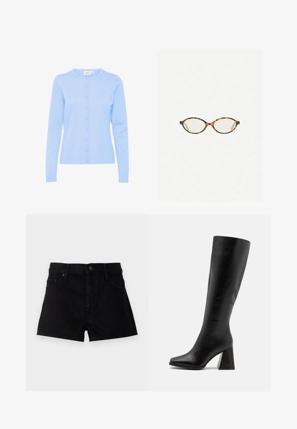 Svetlomodrý kardigán s dlhým rukávom, vyrobený z mäkkej pleteniny, so zaobleným výstrihom a zapínaním na gombíky s ladiacimi gombíkmi.; Svetlo žltý bezrukávový top z rebrovanej tkaniny. Má okrúhly výstrih a rovný strih, bez viditeľných vzorov alebo zdobení.; Čierne džínsy kraťasy s vysokým pásom, päť vreckovým dizajnom, zapínaním na gombík a čistým vzhľadom bez ozdôb.; Čierne kožené vysoké čižmy po kolená s hladkým povrchom, so štvorcovou špičkou a robustným, textúrovaným opätkom. Jednoduchý a elegantný dizajn.; Korytnačkové okuliare s oválnymi šošovkami a hladkým, lesklým povrchom. Majú tenké strany s jemným zakrivením na spánkoch. Priehľadné šošovky.; Pieces PCALUANA SHOULDER BAG - Kabelka - black