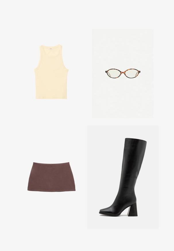 Lyseblå langærmet cardigan lavet af et blødt strikket stof, med rund halsudskæring og en knappet front med matchende knapper.; Lysegul, ærmeløs top i ribbet stof. Har en rund halsudskæring og lige skæring, uden synlige mønstre eller dekorationer.; Brun bomulds mini-nederdel med en lige skæring, glat tekstur og elastisk talje. Har et enkelt design uden mønstre eller hardware.; Sort knæhøje støvler lavet af glat læder, med firkantet tå og en kraftig, tekstureret hæl. Simpelt og strømlinet design.; Skildpaddebriller med ovale linser og en elegant, glat finish. Har tynde sider med en subtil kurve ved tindingerne. Klare linser.; Pieces PCALUANA SHOULDER BAG - Håndtasker - black