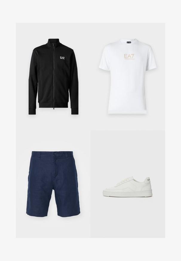 Fekete cipzáras dzseki sima anyagból, álló gallérral, passzos mandzsettákkal és egy kis fehér logóval a mellrészen.; Fehér pamut póló, kerek nyakkivágással és rövid ujjakkal, az elején arany EA7 Emporio Armani logóval nyomtatva.; Tengerészkék vászonsort gombos zárással, egyenes szabással, sima textúrával és minimál stílussal.; Fehér bőr sportcipő sima felülettel, kerek orral, lapos fűzőkkel és texturált talppal. Finom logó található a sarokon.