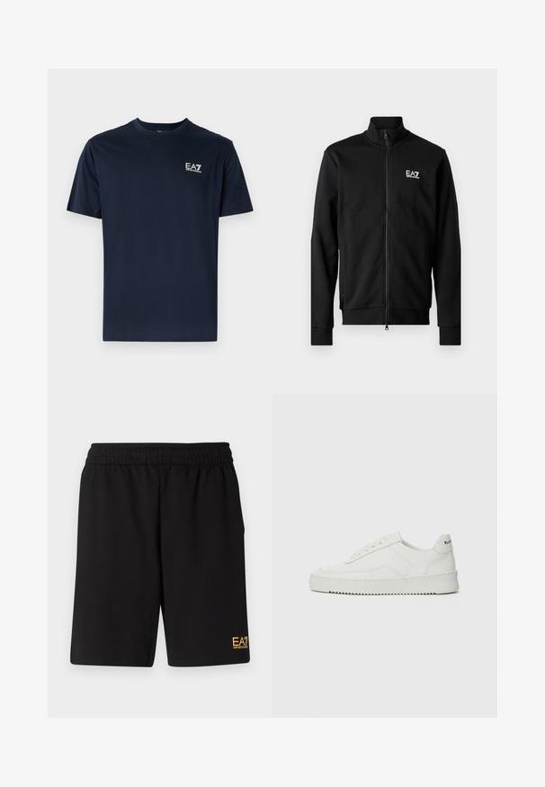 Melnā kapucojamā jaka, izgatavota no gludas auduma, ar izcelto apkakli, pieguļošām piedurknēm un mazu baltu logo uz krūtīm.; Tumši zila kokvilnas T-krekls ar īsām piedurknēm, apaļu kakla izgriezumu un EA7 logotipu augšējā kreisajā stūrī baltā krāsā. Gluda tekstūra, ikdienišķs dizains.; Melnas sporta šortus, kas izgatavoti no mīksta auduma, ar elastīgu jostu un mazu dzeltenu EA7 logo zem kreisā kājas stūra.; Baltas ādas sneakers ar gludu virsmu, apaļu pirkstu daļu, plakaniem šņorēm un teksturētu zoli. Satur diskrētu logotipu uz papēža.