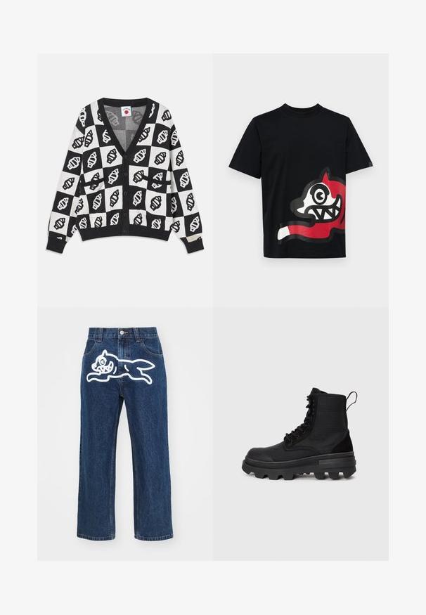 Cardigan alb-negru cu model în carouri și grafică de scoici. Croială cu decolteu în V, mâneci lungi și închidere cu nasturi.; Icecream JUMBO RUNNING DOG - Tricou cu imprimeu - black; Jeans largi de culoare albastru închis, cu un grafic mare al unui câine de desen animat alb pe buzunarul din spate. Textura denim, design tradițional cu cinci buzunare.; Cizme negre până la gleznă, cu un superior din material texturat, talpă din cauciuc și zone proeminente. Caracteristicile includ ochiuri întărite și o bucată de prindere.