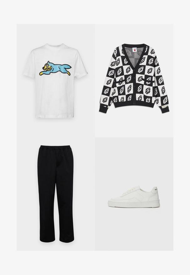 Cardigã preto e branco com padrão de tabuleiro de xadrez e gráficos de conchas. Design com decote em V, mangas compridas e fecho de botões.; T-shirt de algodão branca com um gato azul em estilo de desenho animado, com o rosto amarelo e dentes afiados, posicionado em uma postura de salto.; Calças pretas de comprimento médio com um cós elástico. Feitas de um tecido suave, com um corte descontraído e sem bolsos ou adornos visíveis.; Sapatilha de couro branco com acabamento suave, bico redondo, atacadores planos e uma sola texturizada. Apresenta um logotipo discreto no calcanhar.