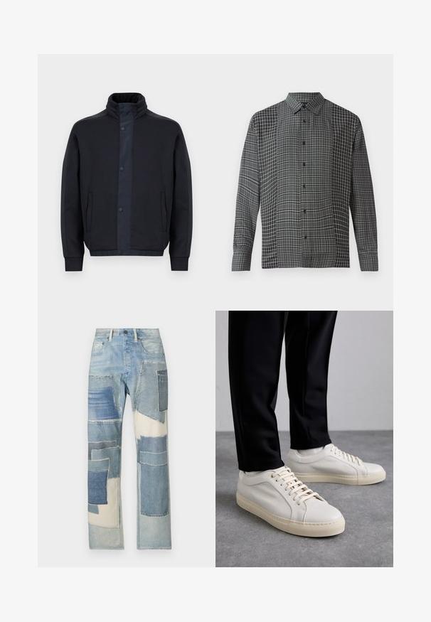 Casaco azul escuro feito de um tecido macio, com um colarinho alto, botões de pressão, bolsos laterais e punhos e bainha elásticos.; Camisa preta e cinza de botão com um padrão de grelha contrastante de tamanhos variados, mangas longas e colarinho pontiagudo.; Jeans de denim azul claro com um design em patchwork, apresentando vários tons de azul, formas irregulares e bordas desfiadas, criando um contraste texturizado.; Tênis de couro bege claro com atacadores planos, uma superfície texturizada e uma sola de borracha creme contrastante, combinados com calças pretas ajustadas.