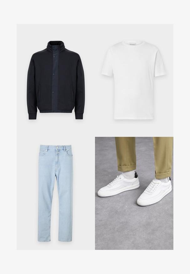 Tmavě modrá bunda z měkkého materiálu, s vysokým límcem, druky, postranními kapsami a elastickými manžetami a spodním lemem.; Bílý krátký rukáv tričko vyrobené z bavlny. Má kulatý výstřih a rovný lem. Bez vzorů nebo ozdob. Jednoduchý design.; Světle modré džíny rovného střihu vyrobené z denimu, s knoflíkovým a zipovým zapínáním, pěti kapsami a jemným vyblednutím na látce.; Bílé tenisky s texturovaným koženým povrchem, zaoblenou špičkou a černým akcentem na patě. Gumová podrážka s malým vzorem a šitými detaily.