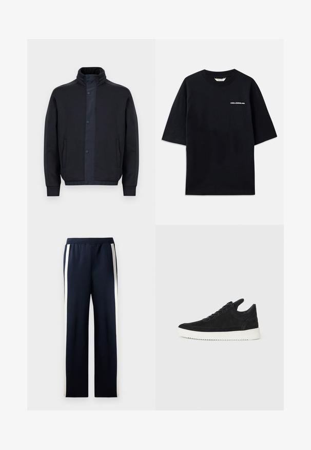 Temno modra jakna iz mehkega materiala, z visokim ovratnikom, zatikalnimi gumbi, stranskimi žepi ter elastičnimi manšetami in robom.; Črna bombažna majica s kratkimi rokavi, okroglim izrezom in majhnim belim logotipom "HOLZWEILER" na sprednji strani, ki se ponaša s ohlapnim krojem.; Mornarske trenirke širokega kroja, ki imajo navpične kreme proge ob straneh. Narejene iz mehkega, teksturiranega materiala z elastičnim pasom.; Črne semiš športne copate z belo gumijasto podplatom, ki imajo toneče šive in vezalni dizajn. Gladka tekstura z modernim, poenoteno oblikovano silhueto.