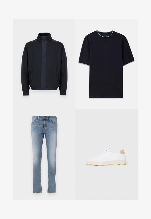 Tamsiai mėlynas švarkas, pagamintas iš minkštos medžiagos, su aukšta apykakle, snap mygtukais, šoninėmis kišenėmis bei elastiniais rankogaliais ir apačia.; Tamsiai mėlynas trumpas rankovės marškinėlis su apvalia iškirpte, su šviesiai mėlynu akcentu ant apykaklės ir rankovių. Pagamintas iš švelnaus medvilnės audinio.; Šviesiai mėlynos džinsinės kelnės tiesaus kirpimo, su mygtukų užsegimu, priekinėmis kišenėmis ir subtiliais nusidėvėjimais ant šlaunų.; Baltos žemos sportbačiai su tekstūruota odine viršutinė dalimi, kreminė banguota priekiu ir ruda kulno akcentu. Yra baltos raištelės ir logotipas ant kulno.