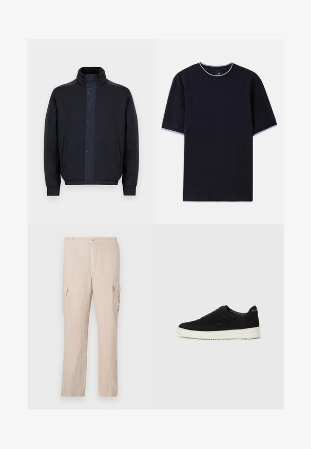 Temno modra jakna iz mehkega materiala, z visokim ovratnikom, zatikalnimi gumbi, stranskimi žepi ter elastičnimi manšetami in robom.; Temno modra kratka majica s kratkimi rokavi in okroglim izrezom, s svetlo modrimi poudarki na ovratniku in rokavih. Narejena iz mehke bombažne tkanine.; Bež rastezljive hlače iz lanenega materiala z dvema stranskima žepoma, sprednjim gumbnim zapiranjem in ravnim krojem z gladko teksturo.; Črni semiš teniški copati z vezalkami in kontrastnim belim gumijastim podplatom. Imajo teksturirane stranske panele in subtilno oznako na peti.