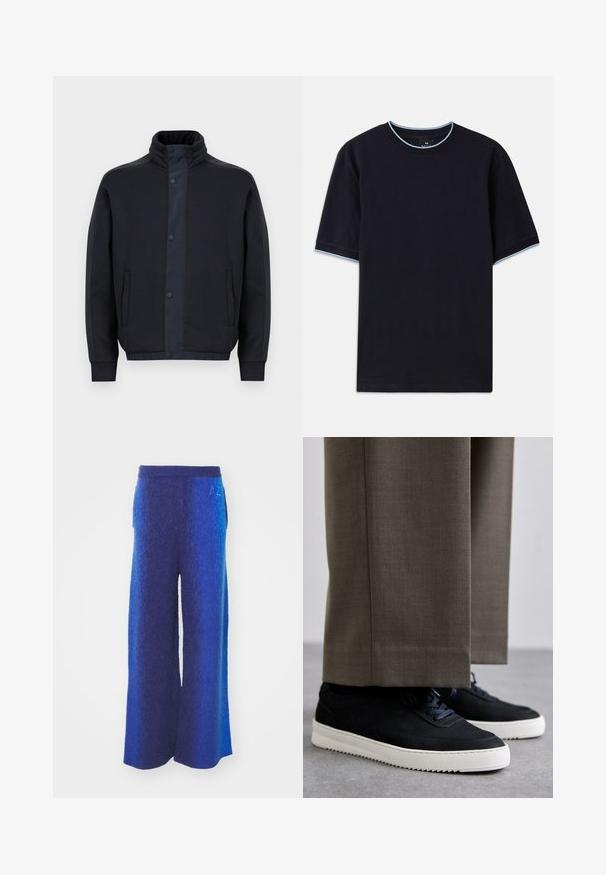 Tumši zilas krāsas jaka, kas izgatavota no mīksta auduma, ar augstu apkakli, spiedpogām, sānu kabatām un elastīgām piedurknēm un apakšmalu.; Tumši zils īsām piedurknēm T-krekls ar apaļu kakla izgriezumu, kura apkaklēs un piedurknēs ir gaismas zilas akcenti. Izgatavots no mīksta kokvilnas auduma.; Platas kājas bikses gradienta zilo toņu krāsā ar teksturētu audumu, elastīgu jostu un sānu kabatām. Smalka izšūšanas detaļa uz jostas.; Melni zamšaini sporta apavi ar baltām gumijas zolēm, ar noapaļotu purngalu un auklām, valkāti ar pelēkiem piegrieztiem biksēm.