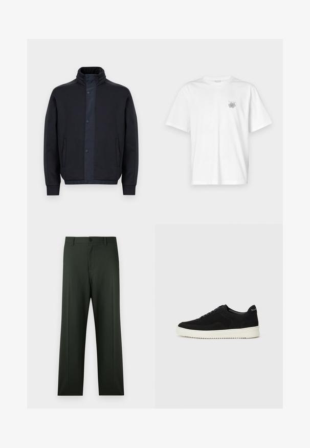 Veste bleu foncé en tissu doux, avec un col montant, des boutons-pression, des poches latérales et des poignets et un ourlet élastiqués.; T-shirt blanc en coton avec des manches courtes, un col ras du cou et un petit logo gris sur la partie gauche de la poitrine. Texture lisse.; Pantalon vert foncé à coupe droite, avec une fermeture à boutons devant, des passants pour ceinture, et un tissu lisse légèrement texturé.; Baskets en daim noir avec un design à lacets et une semelle en caoutchouc blanc contrastant. Comprend des panneaux latéraux texturés et un logo subtil sur le talon.