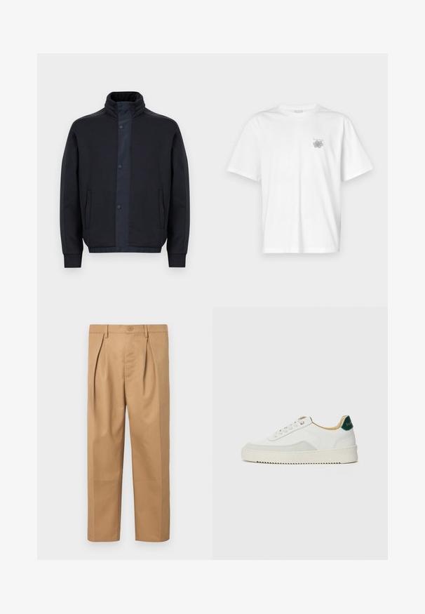 Sötétkék dzseki, puha anyagból készült, magas gallérral, nyomógombos záródással, oldalsó zsebekkel, valamint gumírozott mandzsettákkal és aljjal.; Fehér pamut póló rövid ujjakkal, kerek nyakkal, és egy kis szürke logóval a bal mellrészen. Sima tapintású.; Bézs pamut nadrág, amely laza szabású, plisszírozott dizájnnal, gombos derékpánttal és egyenes szárú fazonnal rendelkezik. Simító textúra, minta nélküli.; Fehér sneaker suédé részletekkel, kerek orral, lapos fűzőkkel és krémszínű gumitalppal. Zöld logó található a sarkán.