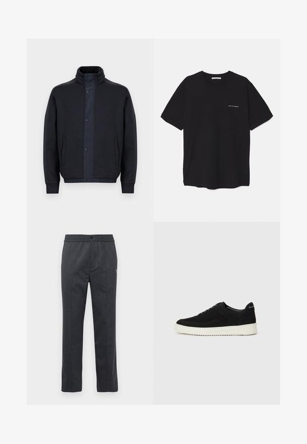 Jachetă de un albastru închis, fabricată dintr-un material moale, având un guler înalt, capse, buzunare laterale și manșete și tiv elastic.; Tricou din bumbac negru, cu guler rotund, mâneci scurte și un imprimeu alb cu logo pe partea stângă a pieptului. Design simplu, de culoare uniformă.; Pantaloni drept de culoare gri închis, cu talie elastică, închidere cu nasture în față și detaliu brodat subtil pe partea dreaptă.; Adidași negri din suede cu design cu șireturi și talpă din cauciuc alb contrastant. Prezintă panouri laterale texturate și branding subtil pe toc.