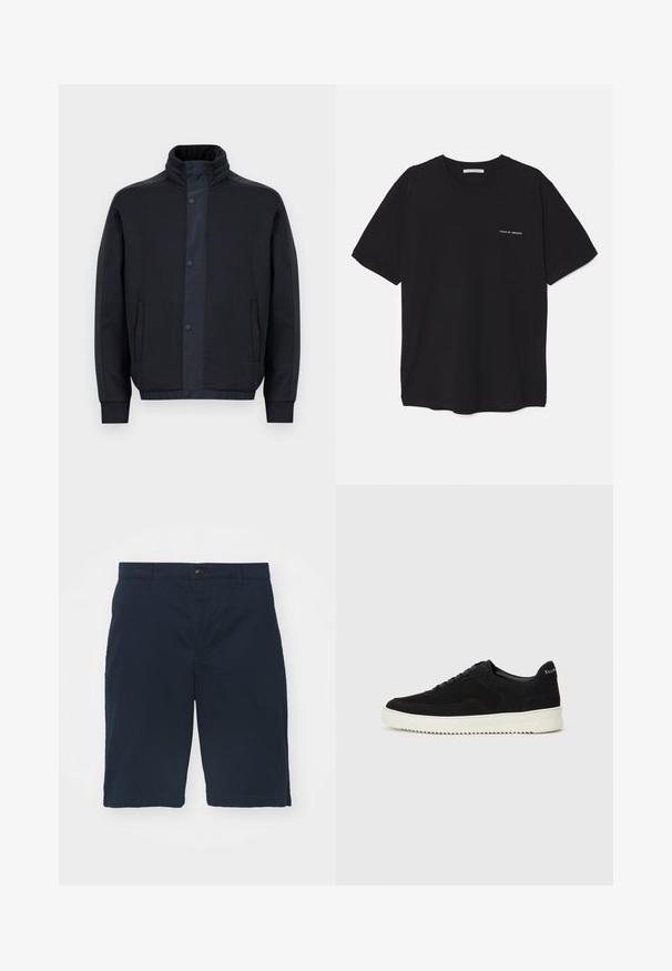 Granatowa kurtka z miękkiego materiału, z wysokim kołnierzem, napami, bocznymi kieszeniami oraz elastycznymi mankietami i dołem.; Czarny bawełniany T-shirt z okrągłym dekoltem, krótkimi rękawami i białym nadrukiem logo na lewej piersi. Prosty, jednolity kolor.; Granatowe szorty wykonane z bawełny, z płaskim przodem, zapięciem na guziki i bocznymi kieszeniami. Długość do kolan, o gładkiej fakturze i czystych szwach.; Czarne zamszowe sneakersy z designem na sznurówki i kontrastującą białą gumową podeszwą. Posiadają teksturowane boczne panele oraz subtelne logo na pięcie.