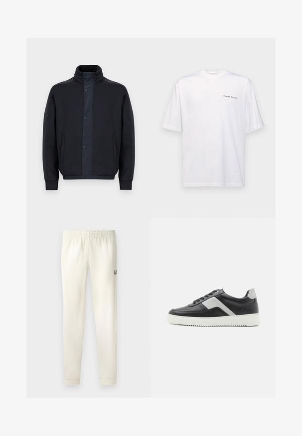 Dunkelblaue Jacke aus weichem Stoff, mit hohem Kragen, Druckknöpfen, seitlichen Taschen und elastischen Bündchen sowie Saum.; Weißes kurzärmliges T-Shirt aus Baumwolle mit V-Ausschnitt, mit einem schwarzen "FILLING PIECES" Logo, das auf der linken Seite gedruckt ist.; Weiße Sweatpants mit einem elastischen Bund, gerippten Knöcheln und einem kleinen schwarzen Logo auf der linken Seite. Glattes Baumwollmaterial.; Schwarze Ledersneaker mit grauen Akzenten, weißer Gummisohle, runder Zehenform und sechs schwarzen Ösen für die Schnürsenkel. Strukturierte Seitenpaneel-Details.