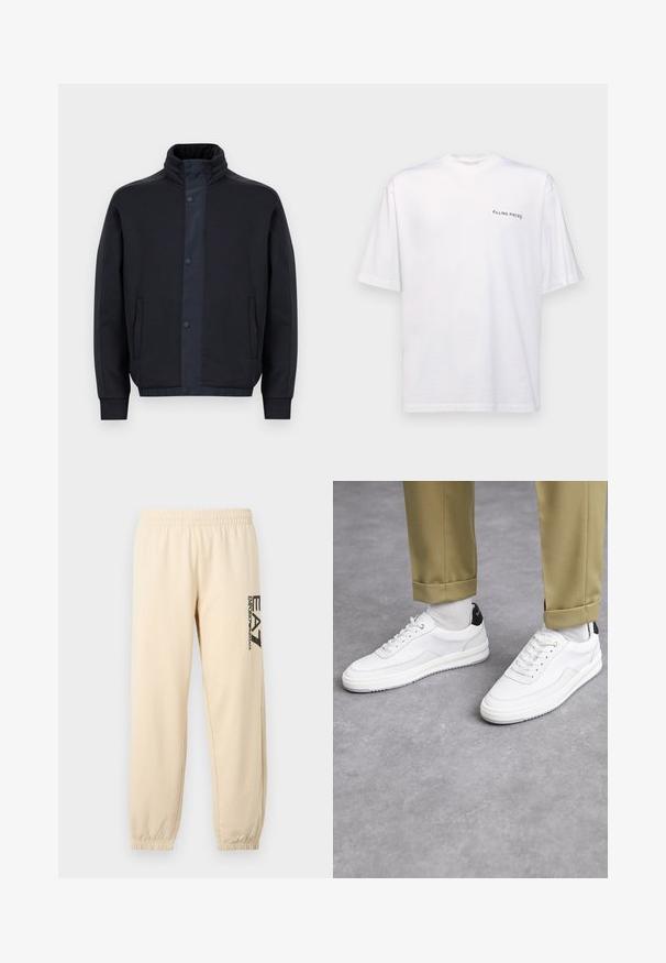 Tumši zilas krāsas jaka, kas izgatavota no mīksta auduma, ar augstu apkakli, spiedpogām, sānu kabatām un elastīgām piedurknēm un apakšmalu.; Baltas īsām piedurknēm T-kreklis no kokvilnas ar V veida kakla izgriezumu, uz kura kreisajā pusē ir melns "FILLING PIECES" logo.; Beige sporta bikses ar elastīgu jostu, šauriem piegriezumiem un sānu logotipu melnā krāsā, izgatavotas no mīksta, viegla auduma.; Baltas sporta apavi ar teksturētu ādas virsmu, noapaļots purngalis un melna papēža akcenta detaļa. Gumijas zole ar nelielu raksta zīmējumu un šuvju detaļām.