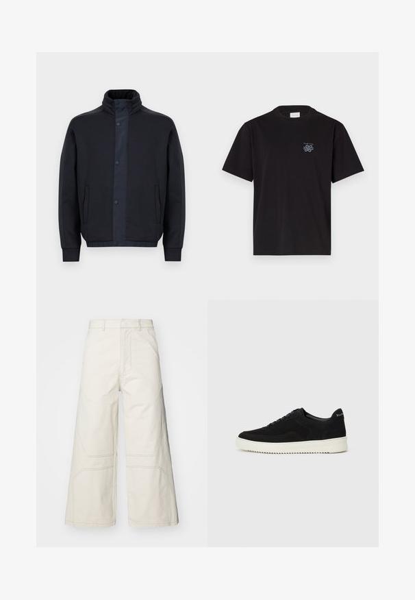 Jachetă de un albastru închis, fabricată dintr-un material moale, având un guler înalt, capse, buzunare laterale și manșete și tiv elastic.; Tricou din bumbac negru cu guler rotund și mâneci scurte. Prezintă un mic logo albastru pe partea stângă a pieptului. Design simplu, cu tăietură dreaptă.; A-COLD-WALL* FORMAT PANT - Pantaloni - beige bone; Adidași negri din suede cu design cu șireturi și talpă din cauciuc alb contrastant. Prezintă panouri laterale texturate și branding subtil pe toc.