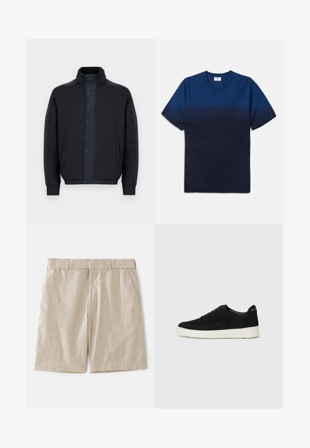 Dark blue jacket made of soft fabric, featuring a high collar, snap buttons, side pockets, and elasticated cuffs and hem.; Navy blue cotton t-shirt with a round neck, short sleeves, and a subtle gradient design transitioning from lighter to darker shades.; Beige linen shorts with a relaxed fit, featuring an elastic waistband and side pockets. Smooth texture with a subtle woven pattern.; Black suede sneaker with lace-up design and contrasting white rubber sole. Features textured side panels and subtle branding on the heel.