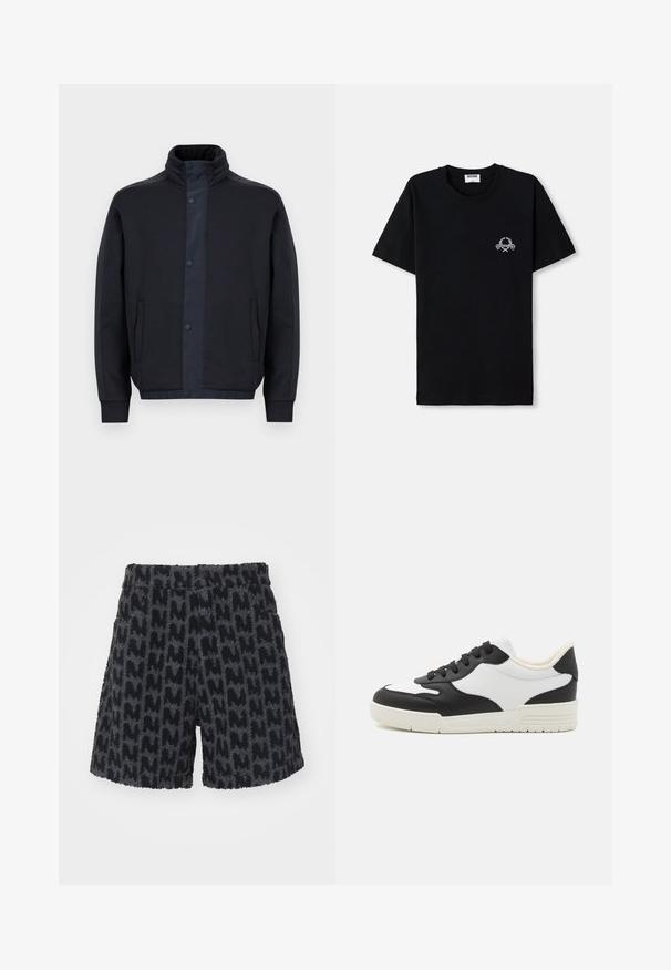 Dark blue jacket made of soft fabric, featuring a high collar, snap buttons, side pockets, and elasticated cuffs and hem.; Black cotton t-shirt with a crew neckline. Features a small white graphic design on the chest. Short sleeves and straight hem.; Fuzzy black and gray shorts with a textured pattern resembling the letter "M." Feature a waistband with a button and side pockets.; Black and white sneaker with a smooth leather upper, rounded toe, and flat rubber sole. Features black laces and soft inner lining.