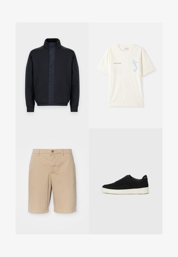 Dark blue jacket made of soft fabric, featuring a high collar, snap buttons, side pockets, and elasticated cuffs and hem.; White cotton t-shirt with short sleeves, featuring “United By Rhythm” text in black and blue graphic on the chest. Round neck design.; Beige cotton shorts with a smooth texture, featuring a front button closure, belt loops, and a straight cut, ending just above the knees.; Black suede sneaker with lace-up design and contrasting white rubber sole. Features textured side panels and subtle branding on the heel.